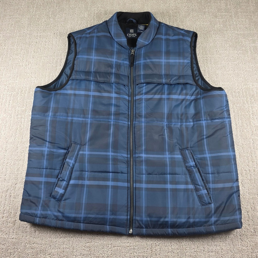 Chaps Mens Puffer Vest XL Navy Blue Plaid Quilted Full Zip Mock Neck Pockets